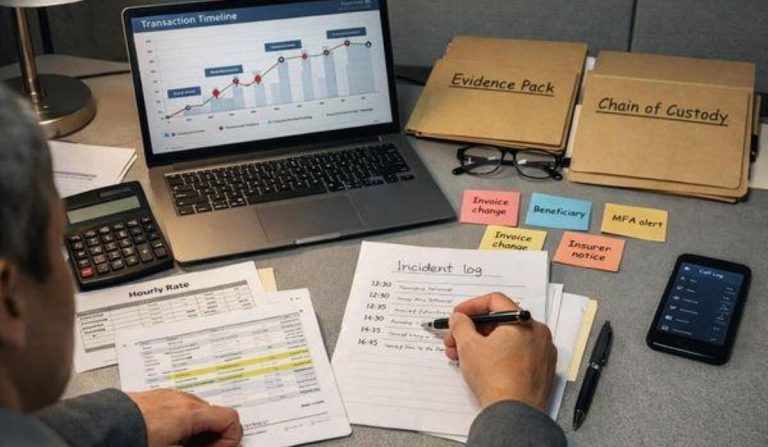 You can lose everything in an investment scheme and still be asked to pay some back A desk with financial documents, transaction timelines, evidence files and an incident log being examined during a forensic financial investigation.
