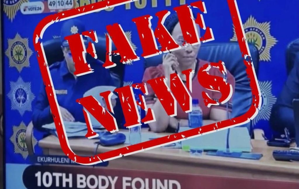 SAPS fake news warning graphic urging the public not to share false information about the Ekurhuleni murder investigation.