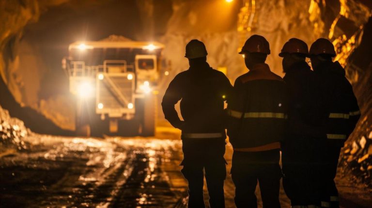 South African mining has made health and safety gains, but deep structural gaps remain Underground mineworkers drilling rock in a deep-level South African mine while wearing protective safety equipment.