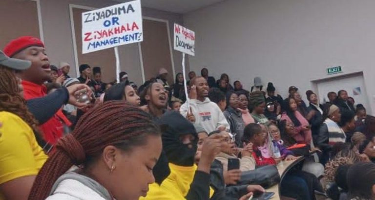 Rhodes University students protest during a fees shutdown affecting access to meals, water and essential campus services.