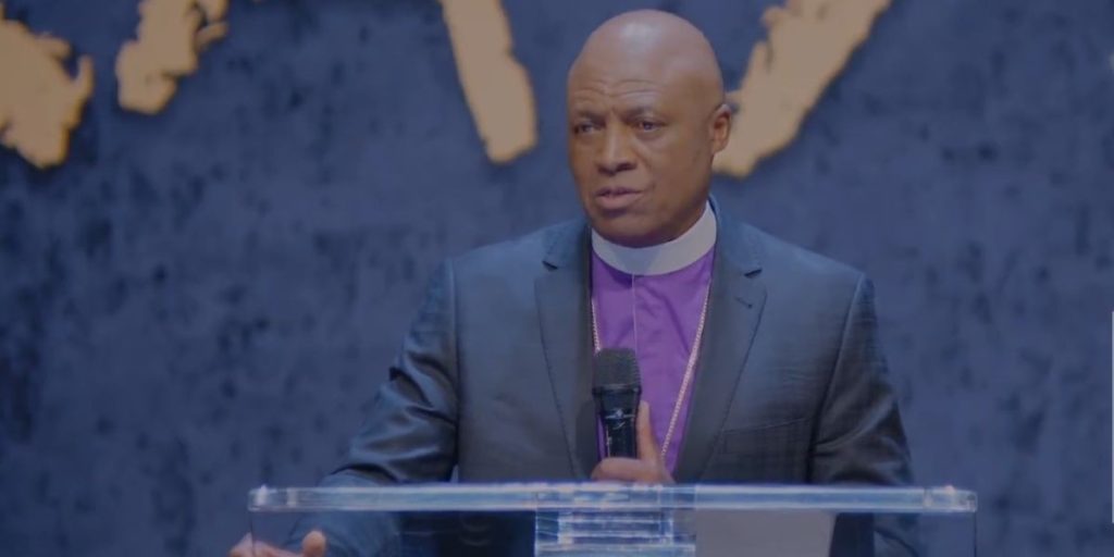 Presiding Bishop Mosa Sono addresses political leaders and mayoral and ward councillor candidates during a Grace Bible Church prayer service ahead of the 4 November 2026 local government elections.