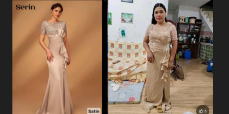 AI-polished images and ‘Satin’ badges made a polyester Shein dress look premium Shein’s listed evening dress shown alongside a customer’s photograph of the same dress, highlighting differences in fabric sheen and drape.