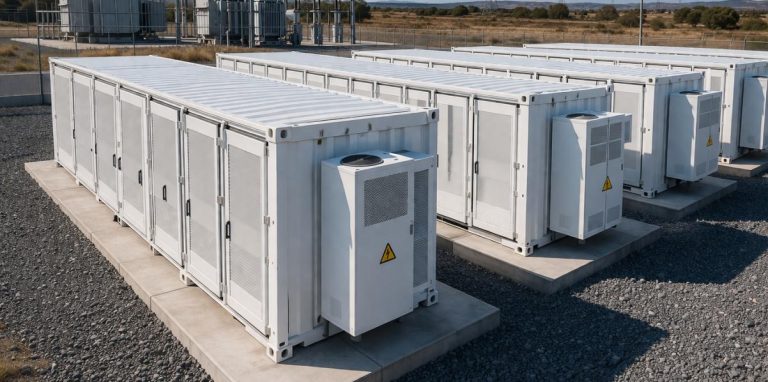 Energy company faces costs order for flawed challenge to rival’s renewable energy project Battery storage containers and electrical substation infrastructure associated with renewable energy development.