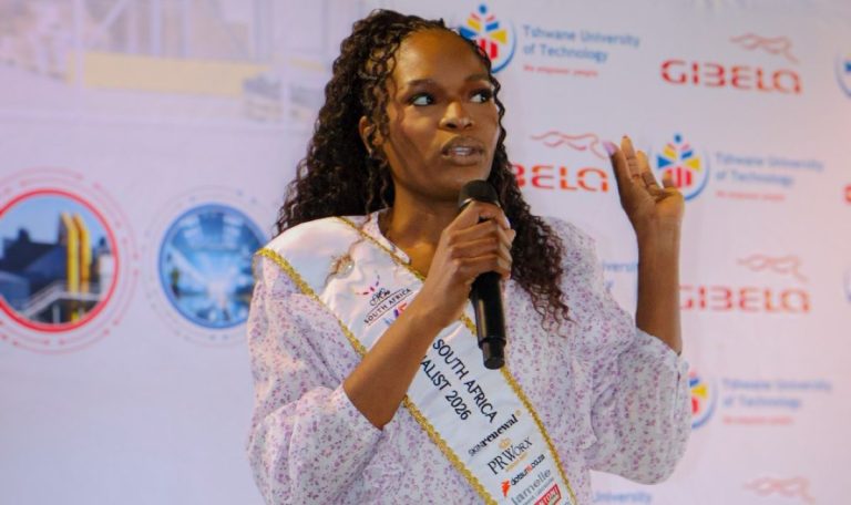 Gavaza Mongwe, Mrs South Africa 2026 finalist, addressing Tshwane University of Technology students about career development.