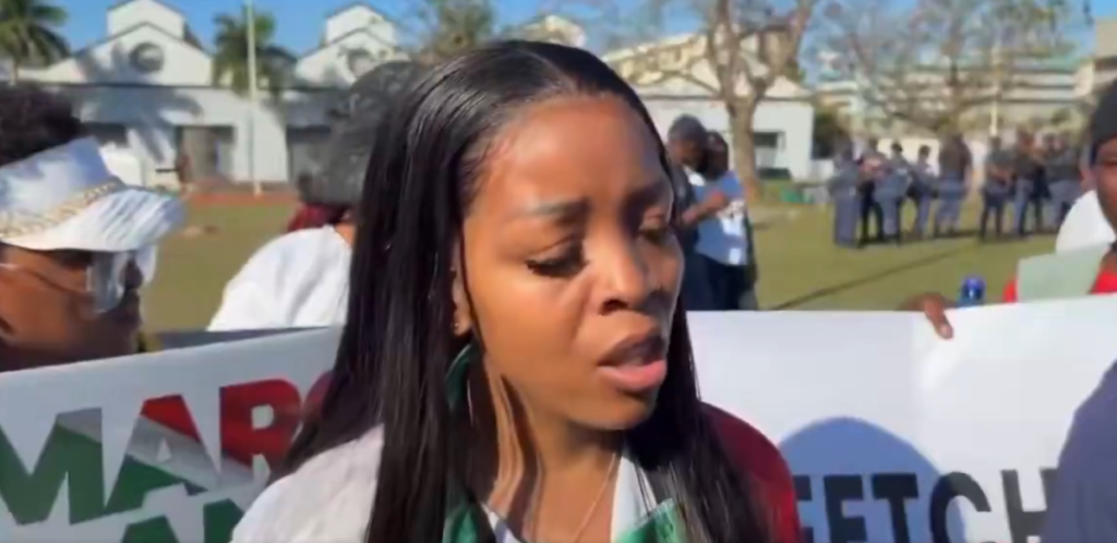 Jacinta Ngobese-Zuma, leader of the March and March movement, addressing supporters during an anti-immigrant march in South Africa.