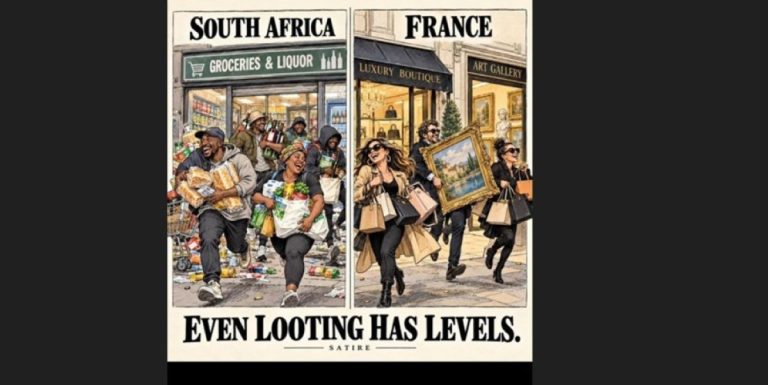 Even looting has levels: How racial capitalism shapes what the poor desire Satirical image contrasting Black South Africans carrying groceries during looting with white French people carrying luxury handbags and an artwork.